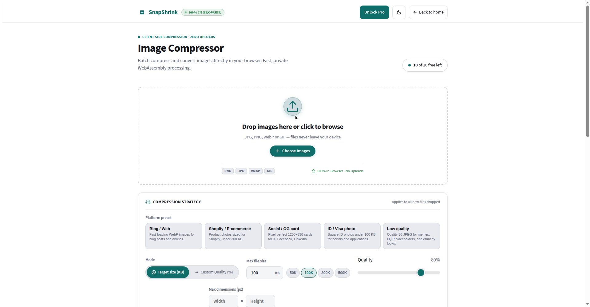 SnapShrink image compressor with target-size mode set to a maximum file size of 100 KB