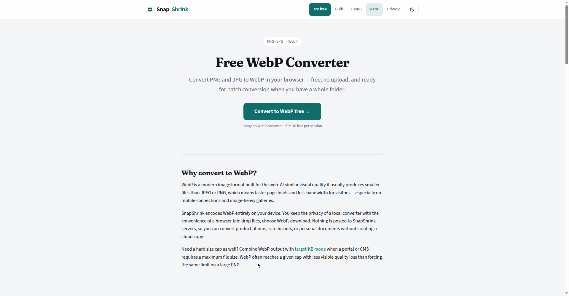 SnapShrink's free WebP converter page highlighting in-browser conversion with no upload to servers