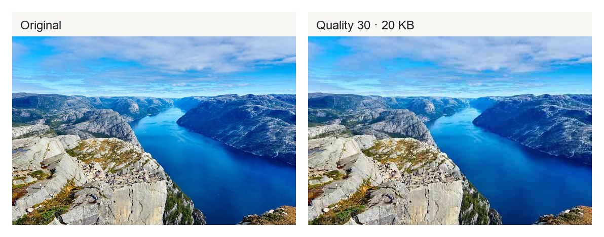 Before and after: original photo next to quality 30 JPEG re-encode