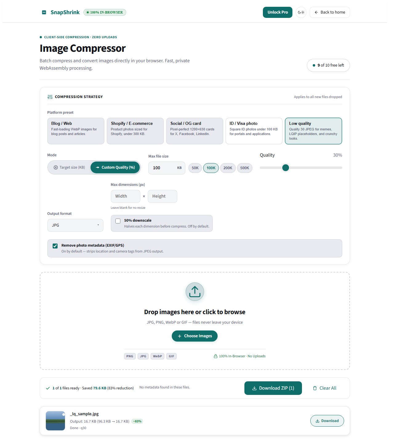 SnapShrink Low quality preset with quality slider at 30 and live output size