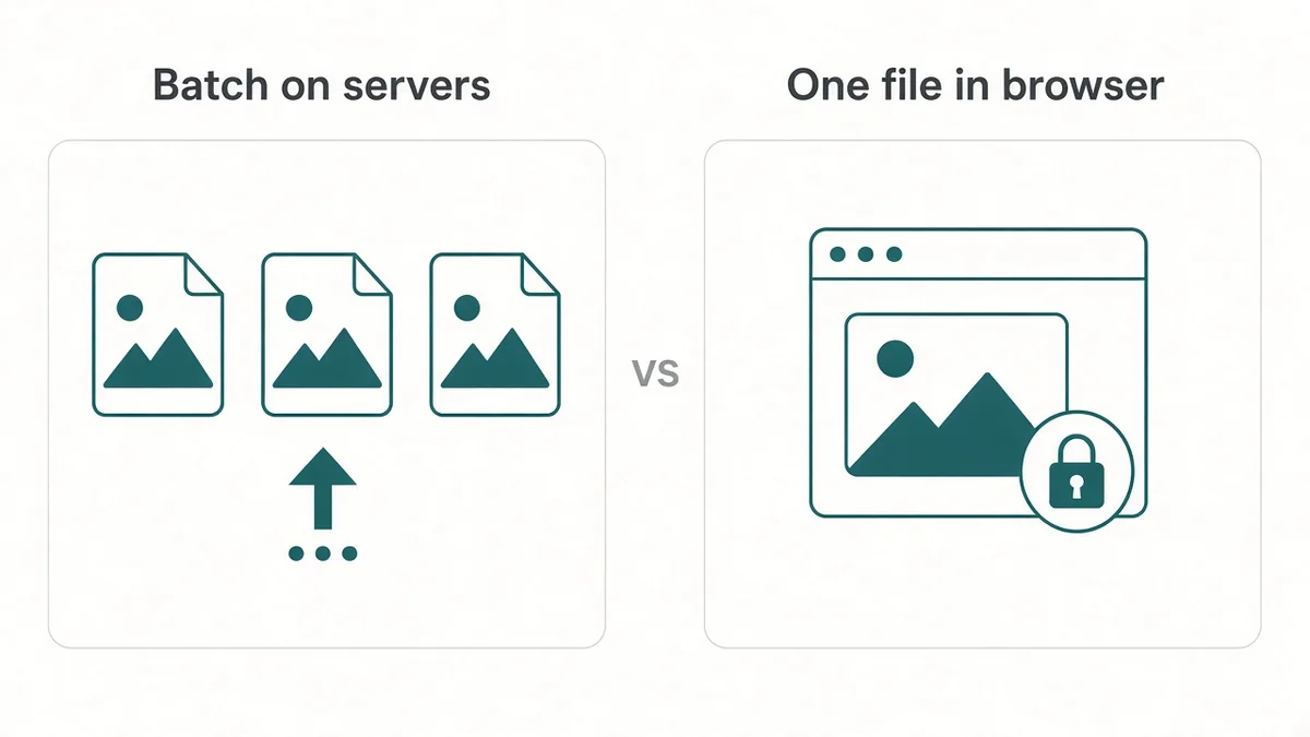 Illustration comparing server batch compression against browser-local single-file compression workflows