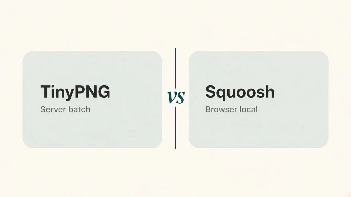 Side-by-side TinyPNG vs Squoosh comparison: server batch uploads versus browser-local single-file compression