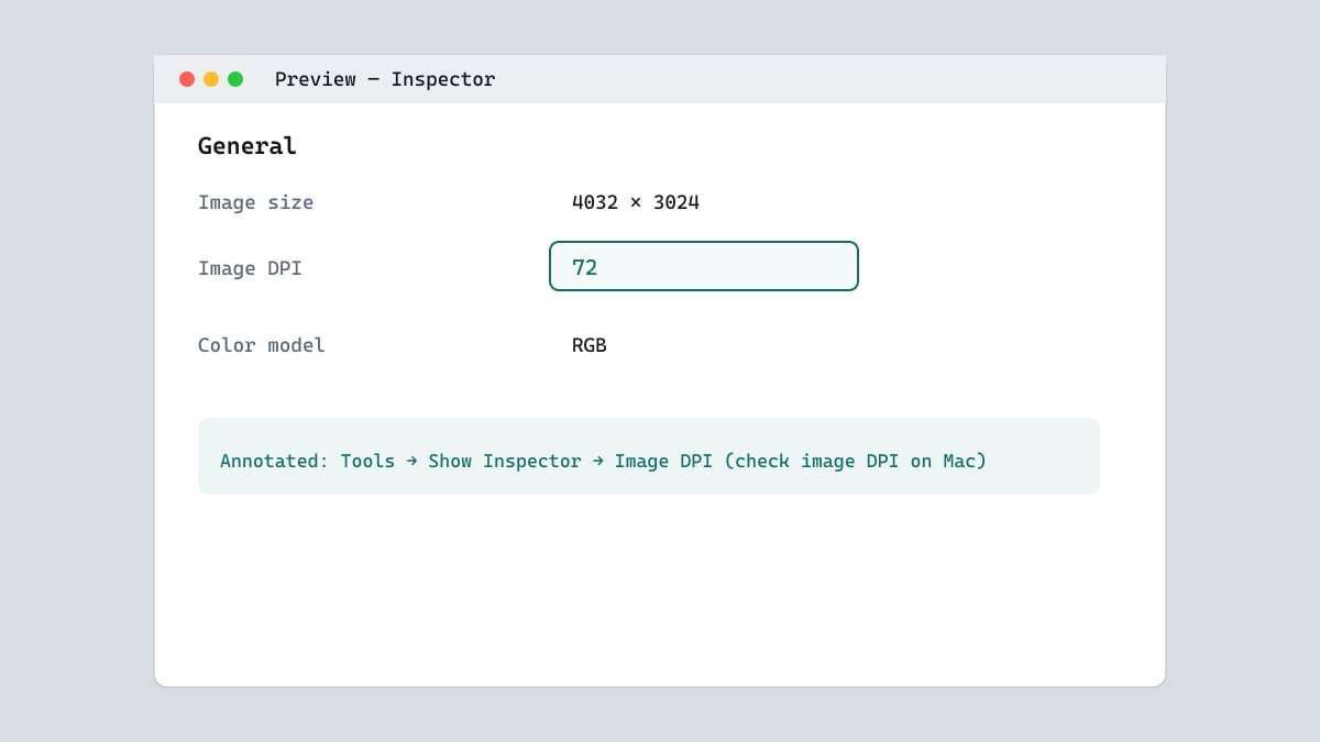 Mac Preview Inspector showing the Image DPI field used to check image DPI