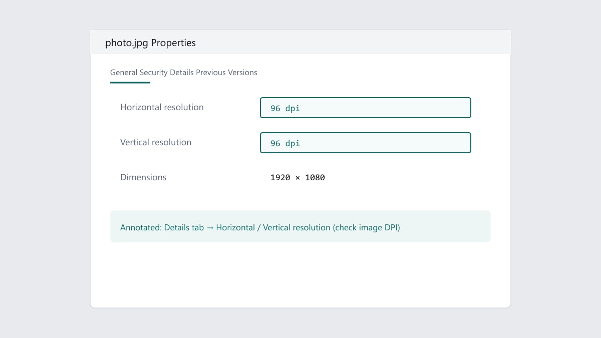 Windows Properties Details tab showing Horizontal and Vertical resolution when you check image DPI